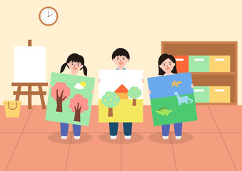 Vector illustration of children holding pictures.