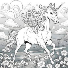 Fototapeta na wymiar Cute cartoon unicorn. Fantastic animal. Black and white, linear, image.