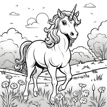 Cute cartoon unicorn. Fantastic animal. Black and white, linear, image.