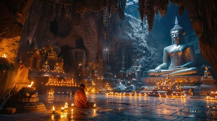 Foto op Aluminium A cave temple, a large reclining Buddha statue, lit candles and a monk praying. © sirisakboakaew