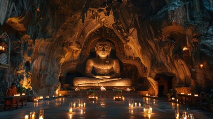 A cave temple, a large reclining Buddha statue, lit candles and a monk praying. - obrazy, fototapety, plakaty