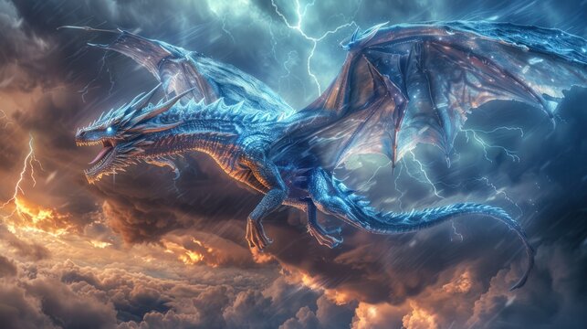 Blue winged western style dragon in flight, surrounded by a clouds in a lightning storm.
