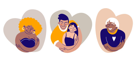 Self care concept with woman and couple hug herself in frame of heart shape. Flat vector illustration set of happy young people embrace themselves, love and accept. Mental psychological health.