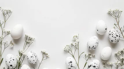 Foto op Canvas White Easter eggs on white background with spring flowers and space for writing. Minimalistic soft Easter background. © Diana