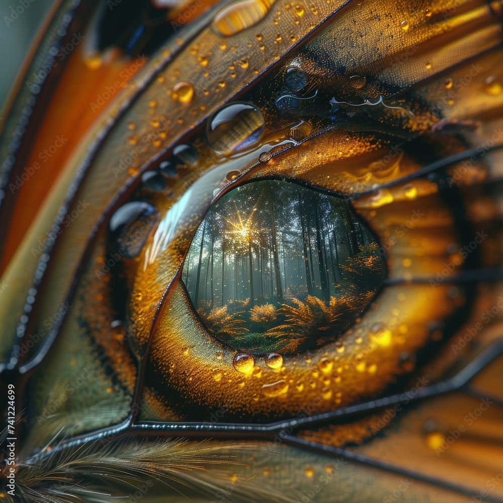 Poster water droplet on a butterflys wing magnifying a tiny enchanted forest within where mythical creature