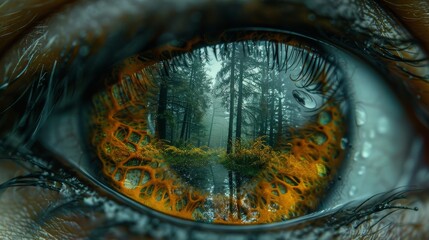 Water droplet in a lynxs eye reflecting an ethereal forest path that leads to realms unknown