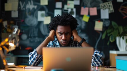 Stressful Job. Stressed African Businessman At Laptop Touching Head Having Problem At Workplace Sitting In Modern Office. Crisis And Entrepreneurship Business Issues - 741224684