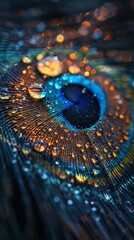 Water droplet on a peacock feather each color refracting a different mythical realm filled with fantastical beasts