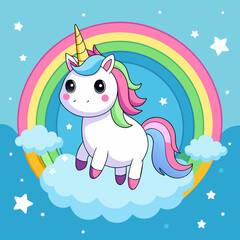 Cute unicorn on the sky with rainbow 