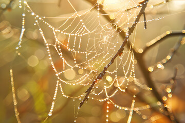 A delicate spiderweb, morning sunlight ignites clinging dewdrops.