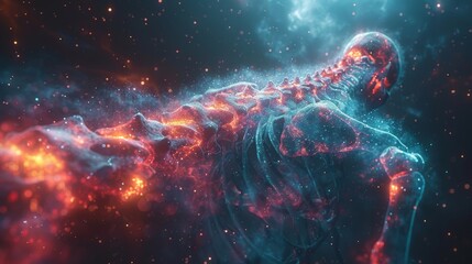 The human spine as a pillar of a cosmic temple with vertebrae that light up with neural energy from the aurora borealis - obrazy, fototapety, plakaty
