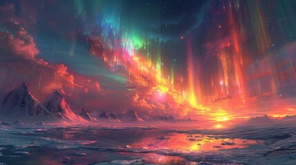 Turquoise aurora above an icy landscape the celestial lights mingling with rainbows reflected on the ice