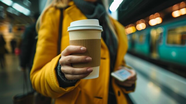 Business Woman Holding A Paper Coffee Cup Waiting In The Subway Station