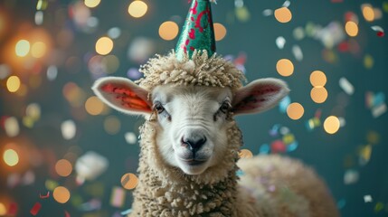sheep Happy cute animal friendly lamb wearing a party hat celebrating at a fancy newyear or...