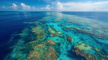 Aerial view of the clear blue ocean with rocky shores and a distant horizon under a sunny sky
