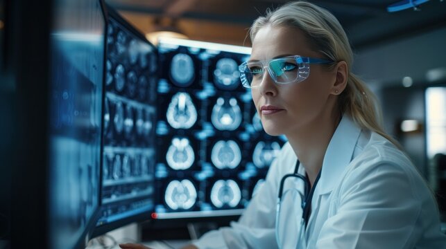 Side View of Portrait of Female Medical Scientist Using Computer with Brain Scan MRI