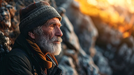 Portrait of elderly man, who still enjoy, making memories, searching, adventures and hiking under sun light at the cliff.