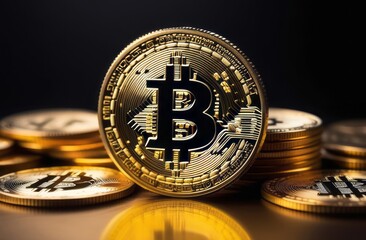 Bitcoin ETF coin, gold yellow, trading, chart, money, rich. Close-up bitcoin coin with flying coins. Bitcoin Crypto currency Gold BTC Bit Coin close up of Bitcoin coins isolated. Blockchain technology