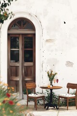 Fototapeta na wymiar Quaint Outdoor Cafe Table with Wooden Chairs and Floral Centerpiece Against Aged Wall