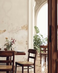 Rustic Cafe Corner with Wooden Chairs and Table Set by Distressed Wall