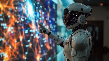 Fototapeta premium The simulation robot pointed at the large screen and introduced complex data.
