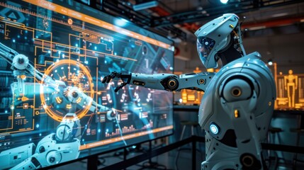 Fototapeta premium The simulation robot pointed at the large screen and introduced complex data.