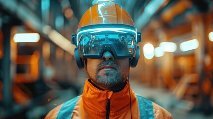 Worker in safety helmet with futuristic AR visor and headphones in a construction site - obrazy, fototapety, plakaty