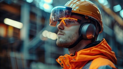 Worker in safety helmet with futuristic AR visor and headphones in a construction site