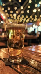 Glass of beer on bar table with blurred background