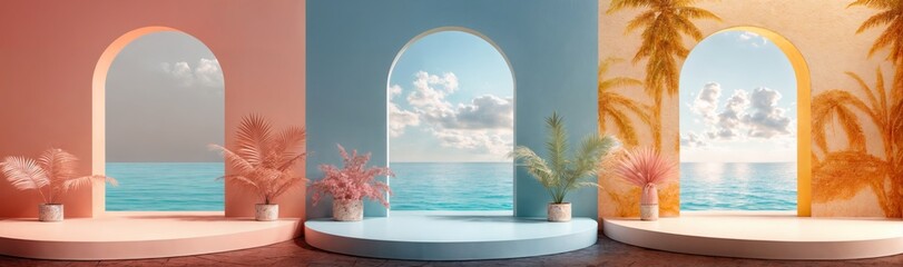  four flat banners with palm trees, flowers and palm leaves, in the style of minimalist stage designs, curved mirrors, light orange and sky-blue, dark yellow and light pink