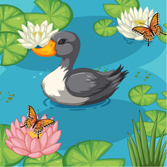 Duck floating among lilies and butterflies