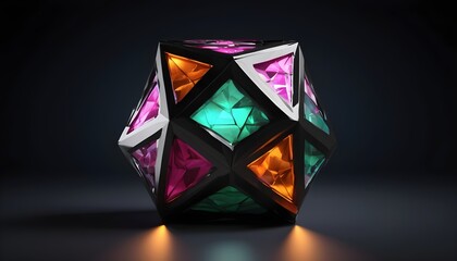Colorful ichosahedron crystal d20 dice with light inside, isolated on dark background 