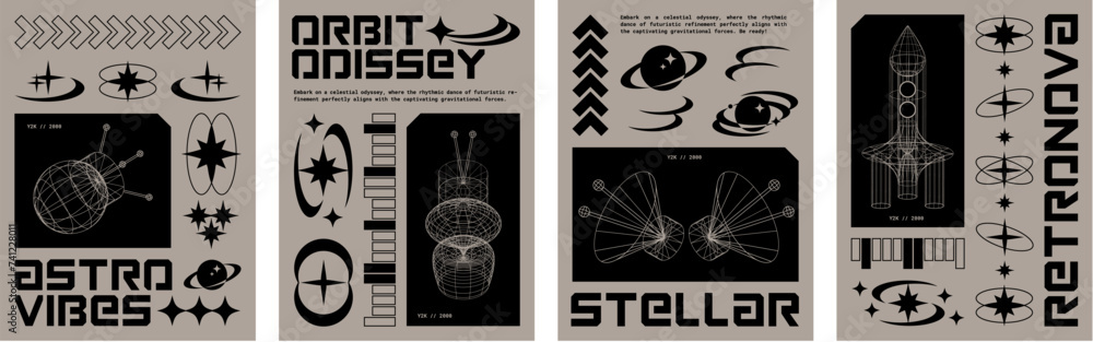 Poster poster design layout in y2k style with cosmos exploration elements - spaceship, rocket and satellite