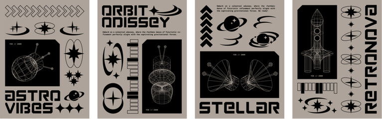 Poster design layout in y2k style with cosmos exploration elements - spaceship, rocket and satellite grid 3d shapes. Vector banner or print template with cosmic technology in retro 00s aesthetic. © klyaksun