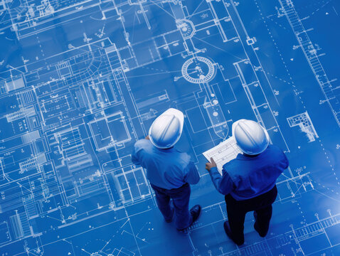 Blueprints of a Hydrogen Powered Future Engineers and business strategists examining blueprints of hydrogen fuel cell facilities planning for scalable energy solutions