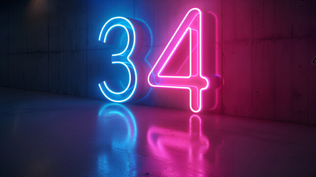 pink and blue neon number 34 .generative ai