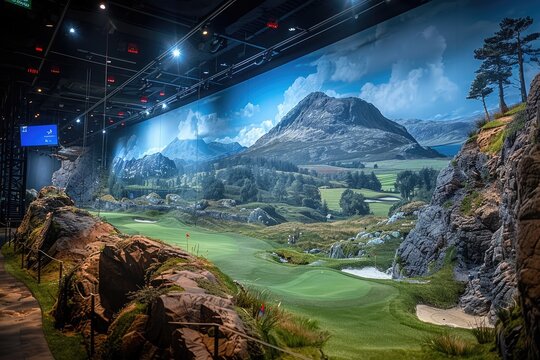 modern indoor golf simulator design professional photography