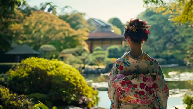 Asian woman wearing kimono in japanese garden, back view