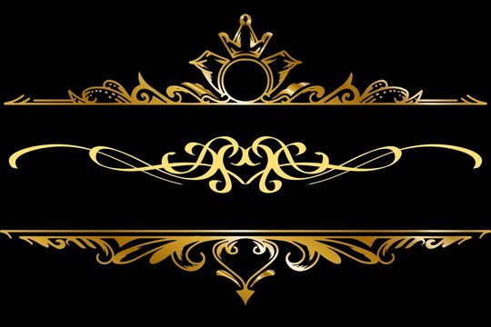 Gold indian line art border in mehendi ethnic style on a black background