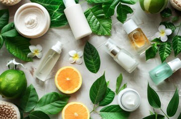 Assortment of Organic Skincare Products Amidst Vibrant Greenery and Citrus - obrazy, fototapety, plakaty