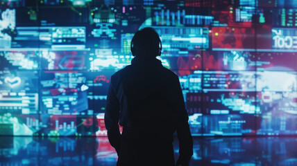 Cyber Crime scene in neon lit future city hacker silhouette against giant screens digital chaos unfolding - obrazy, fototapety, plakaty