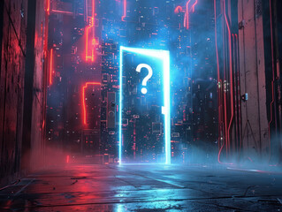 Cyberspace portal a doorway marked by a question sign inviting entry into the vast world of internet and digital exploration