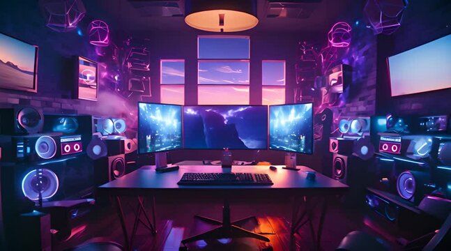 the gamer's room is decorated with neon lights