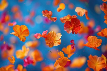 petal flowers confetti falling from a bright blue sky on an autumn or spring professional photography