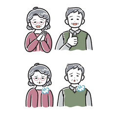 太線タッチのシニアイラスト(アイコン、アバター、いいね、ため息)