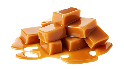 Smooth, glossy caramel candies with rich, melted caramel sauce dripping down, cut out
