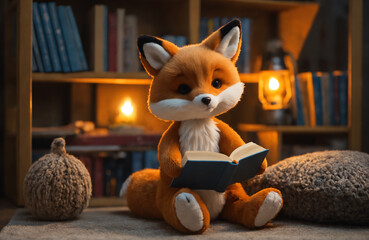 Fototapeta premium Toy fox is reading a book in the children's room in a cozy evening atmosphere. The concept of reading children's books before going to bed