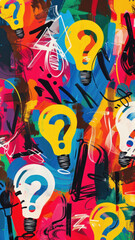 Expression of ideas through abstract illustration a canvas of curiosity filled with colorful question marks and lightbulbs