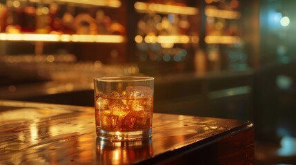 A glass of whiskey on the background of a bar. Yellow liquid in a glass glass.
