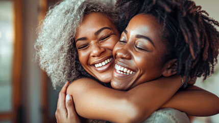 Affectionate embrace between a smiling elderly woman and a young woman, depicting family love.